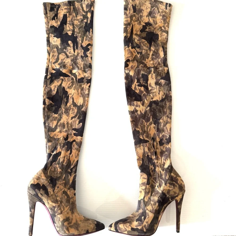 Amanda Gregory Desert Camo Suede Thigh High Stiletto Boots EU 38 US 7.5